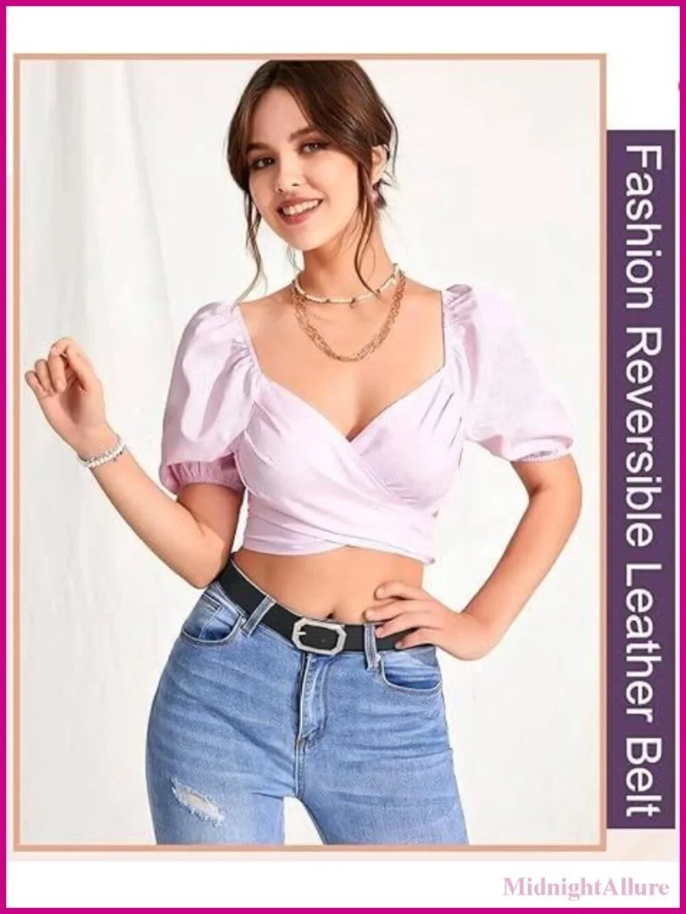 Reversible Leather Belt for Jeans Pants Dresses with Vintage Silver Buckle